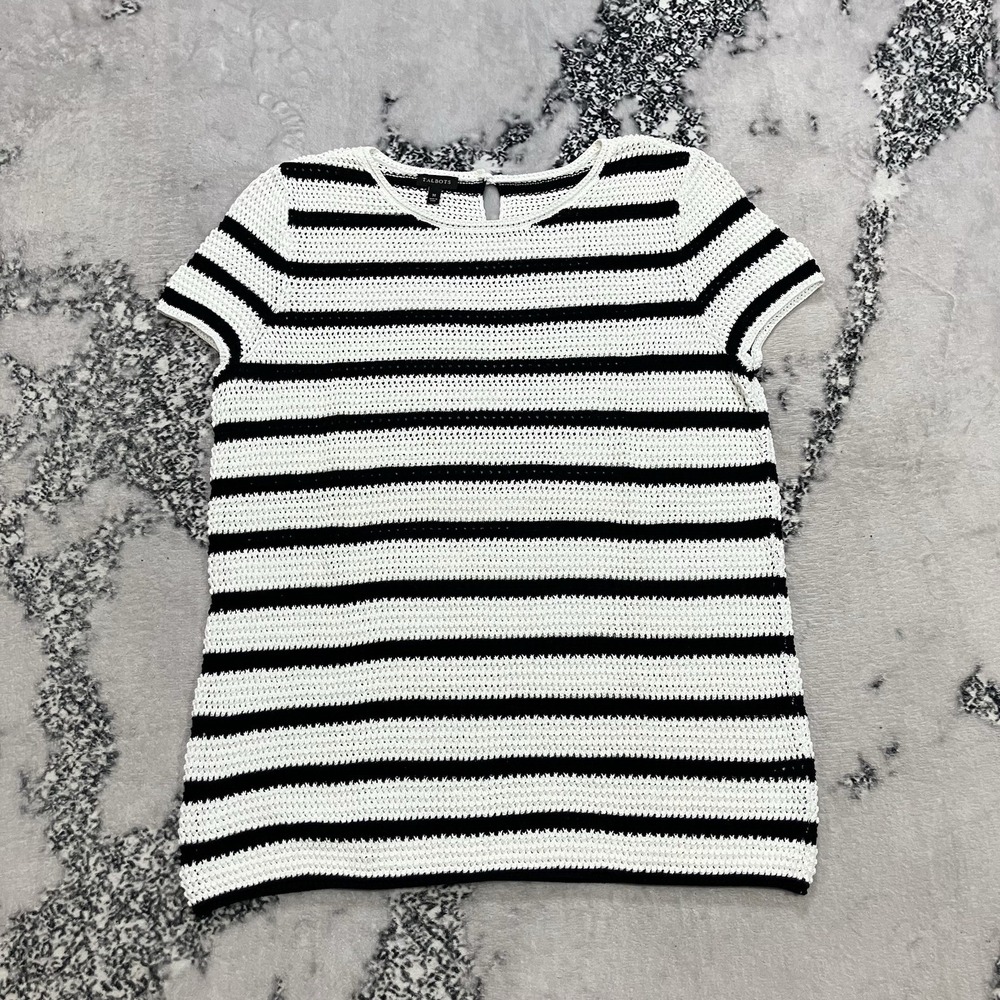 Talbots Striped Crochet‎ Knit Sweater Womens Medium Black White Cotton Top